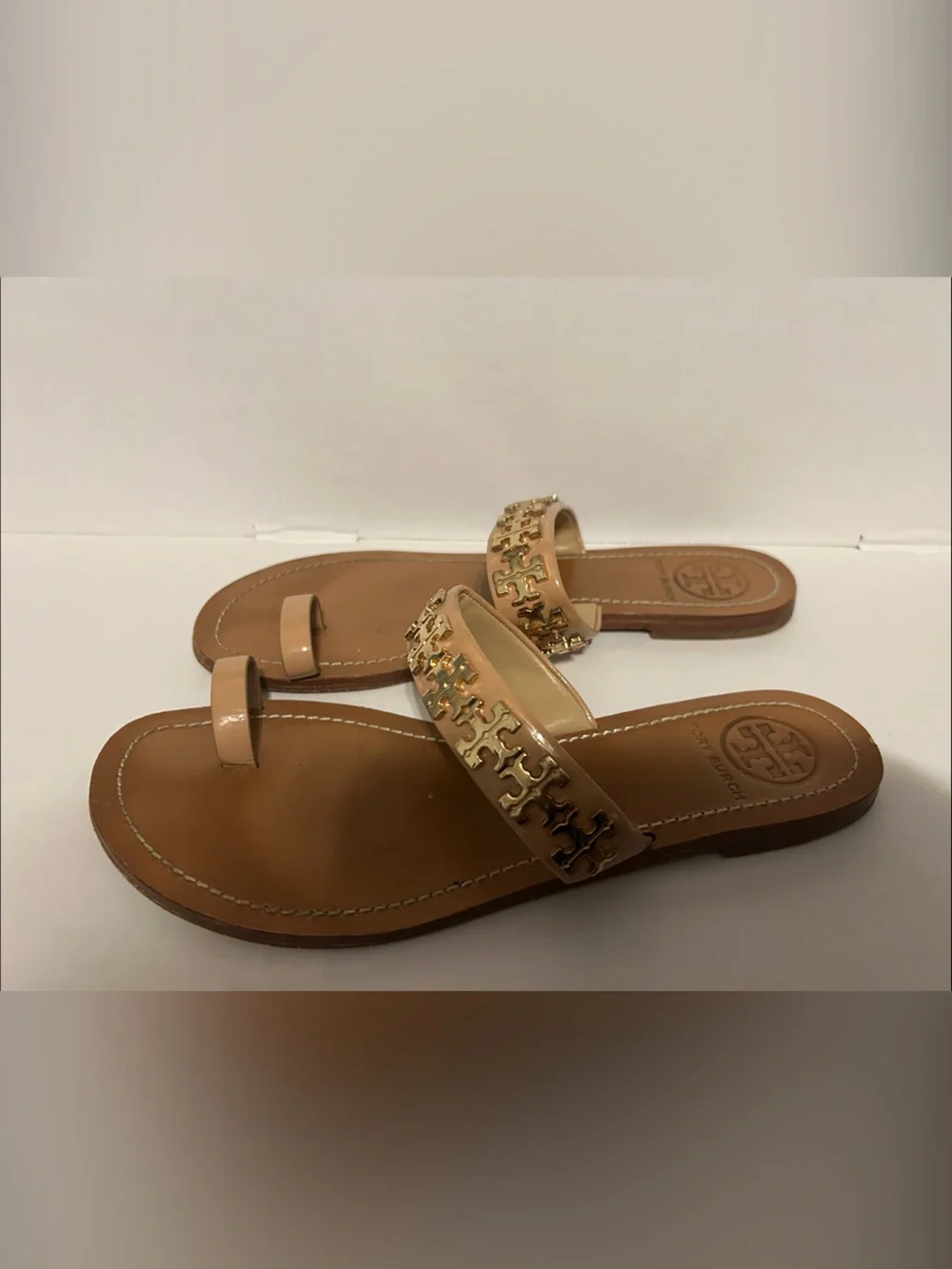 Tory Burch Tan Patent Miller Toe-Ring Sandals with Gold Logo
